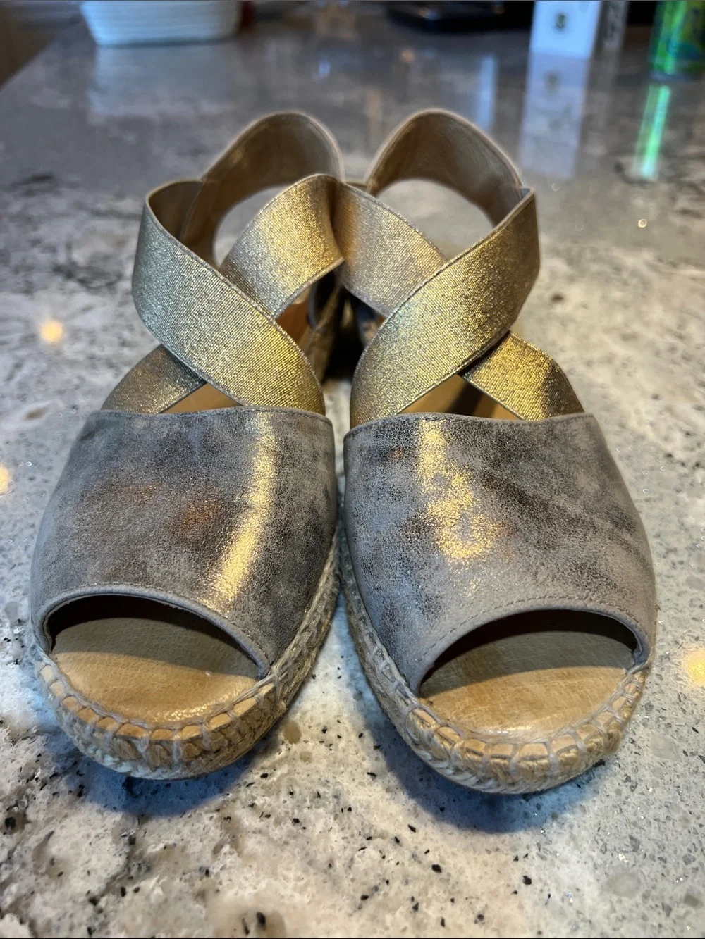 kanna Metallic Silver and Gold Cross-Strap Espadrille Sandals EU38 US7.5/8